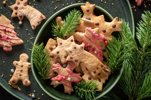 Ginger christmas cookies with pine tree decorations